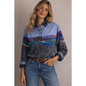 Vintage 90s Roper Western Scenic Landscape Shirt USA Women M Ombre